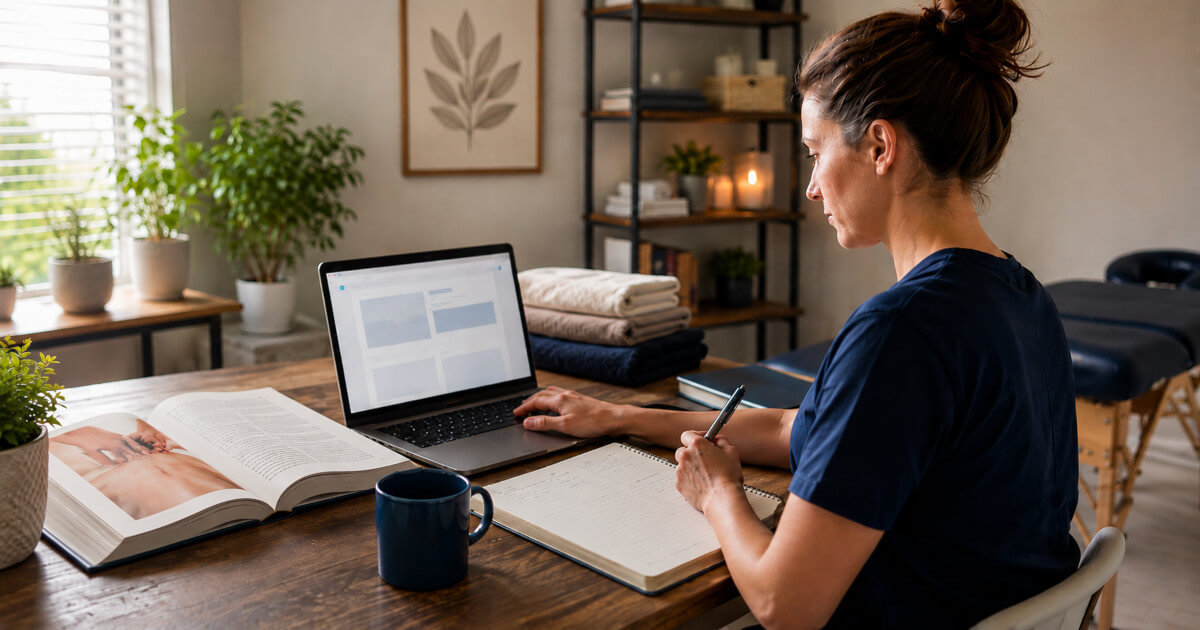 Massage professional studying an online continuing education course with anatomy materials
