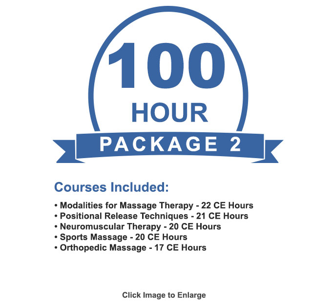 The NCBTMB approved 100 CE hour home study or online package for massage therapists will provide you with 100 massage therapy continuing education hours.