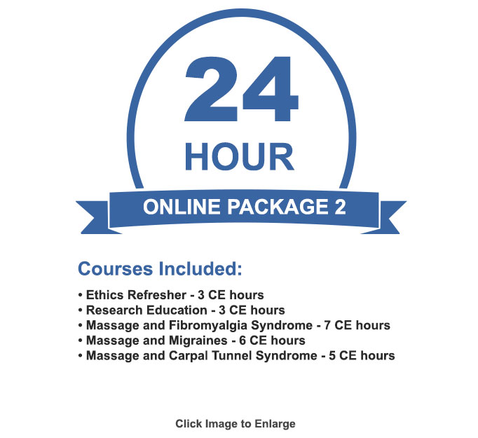 The NCBTMB approved online 24 CE hour package will provide you with all 24 CE hours needed to renew your NCBTMB Board Certification.