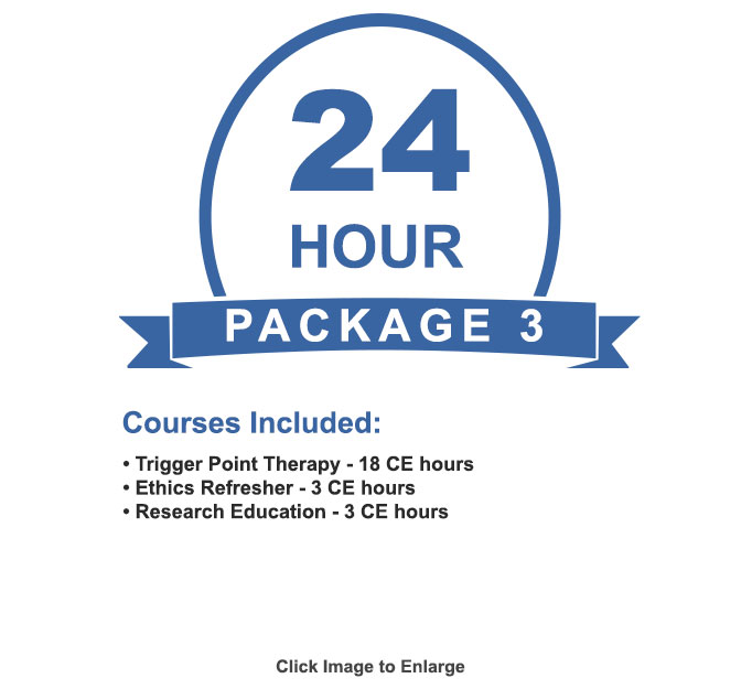 The NCBTMB approved 24 CE hour package will provide you with all 24 CE hours needed to renew your NCBTMB Board Certification, including ethics and research.