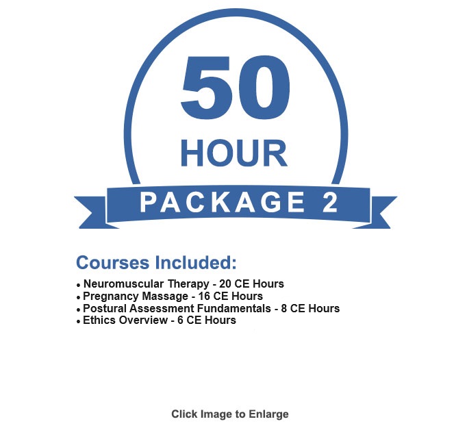 The NCBTMB approved online 50 CE hour package will provide you with 50 continuing education hours for massage therapy or board certification.
