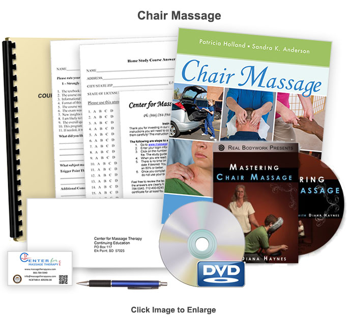 The NCBTMB and state board approved 12 CE hour Chair Massage home study course will introduce you to chair massage. It includes a DVD, textbook, and exam.
