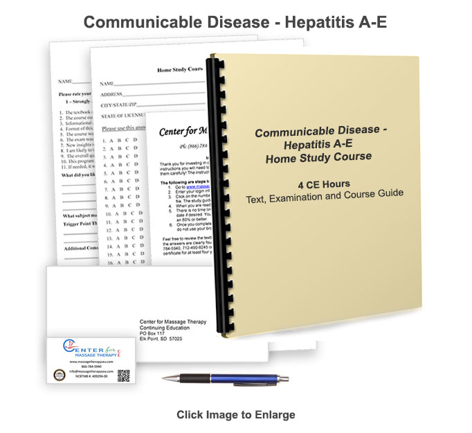 The NCBTMB approved 4 CE hour Hepatitis online/home study course will provide information about Hepatitis A through E.