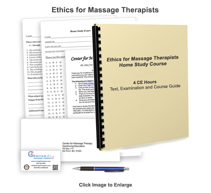 The NCBTMB approved 4 CE hour ethics online/home study course will give you an overview of ethics in the massage therapy field.