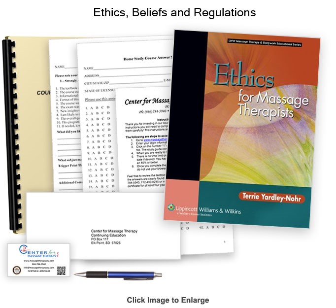 The NCBTMB Approved 3 CE hour Ethics, Beliefs and Regulations course will ecnourage thoughts on your own ethics and beliefs as a massage therapist.