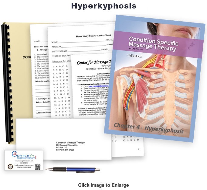 The NCBTMB approved 1 CE hour Hyperkyphosis and Massage online/home study course will introduce you to treating clients with symptoms of hyperkyphosis.